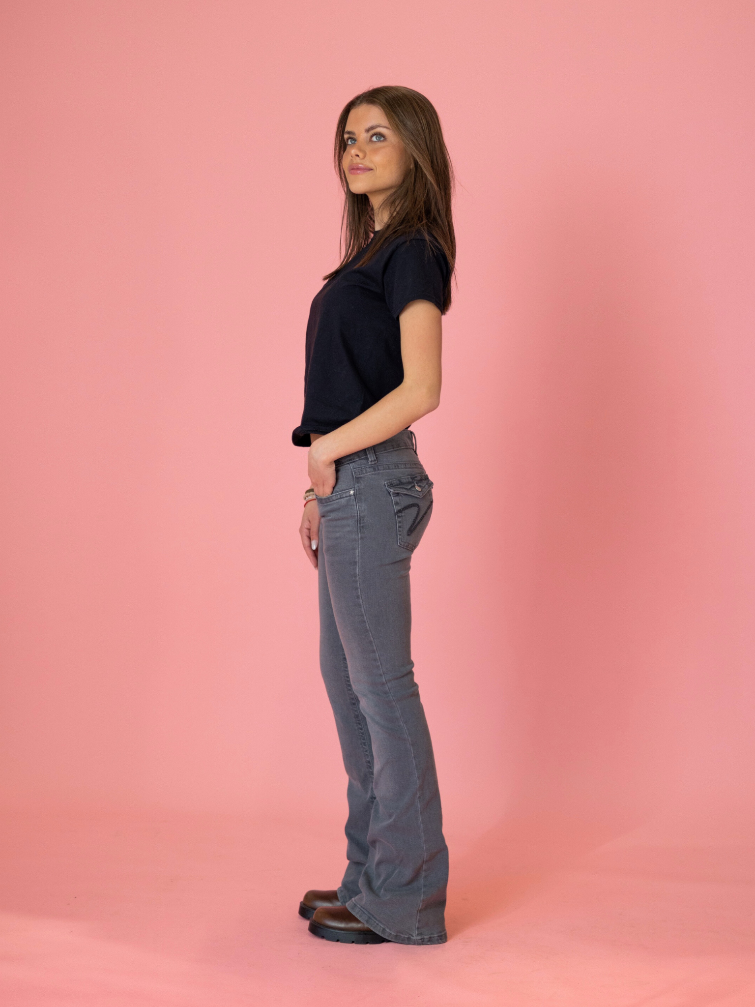 HANNAH Ultra Low Bootcut Džíny - Tmavě šedé