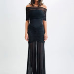 Mystique | Maxi Šaty s Off-Shoulder Mřížkou a Elegantním Střihem