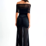 Mystique | Maxi Šaty s Off-Shoulder Mřížkou a Elegantním Střihem