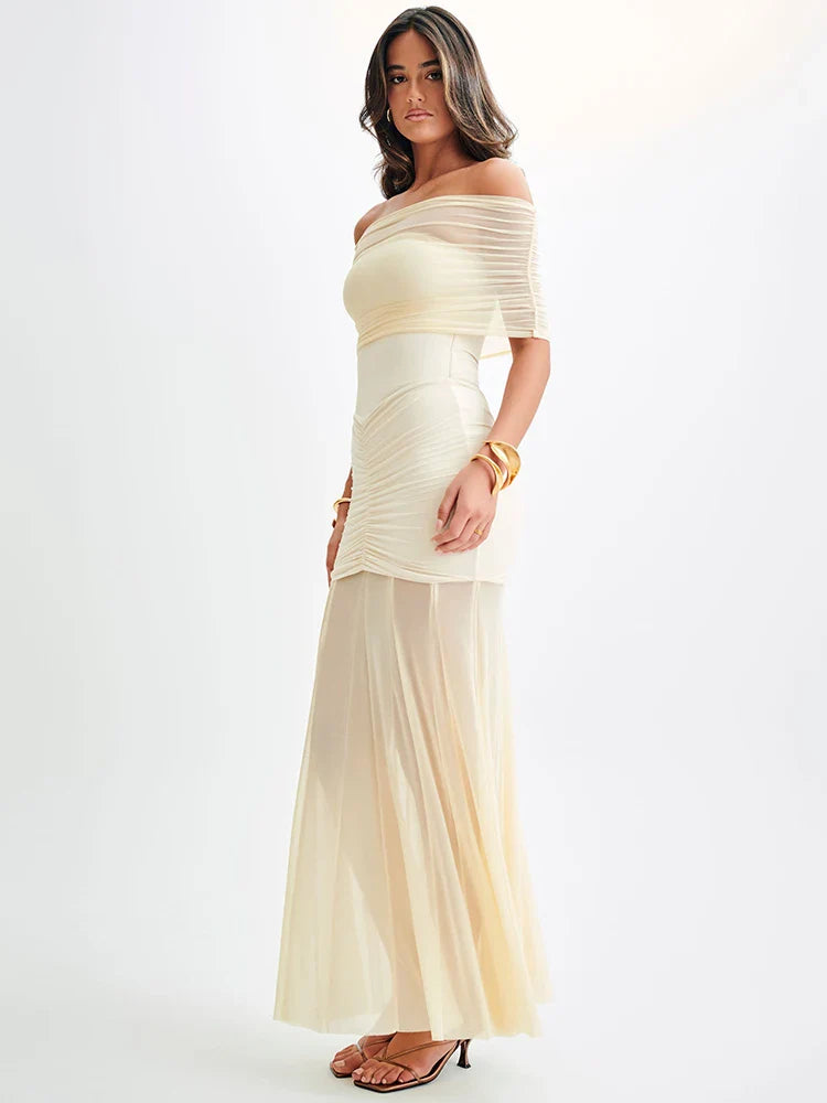 Mystique | Maxi Šaty s Off-Shoulder Mřížkou a Elegantním Střihem