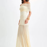 Mystique | Maxi Šaty s Off-Shoulder Mřížkou a Elegantním Střihem