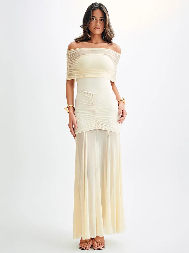 Mystique | Maxi Šaty s Off-Shoulder Mřížkou a Elegantním Střihem