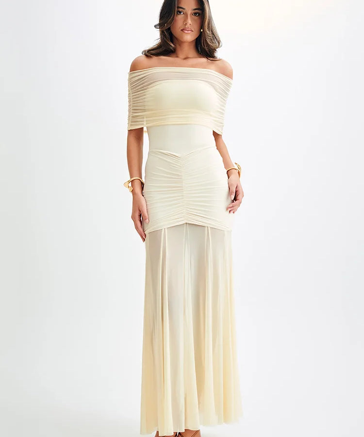 Mystique | Maxi Šaty s Off-Shoulder Mřížkou a Elegantním Střihem
