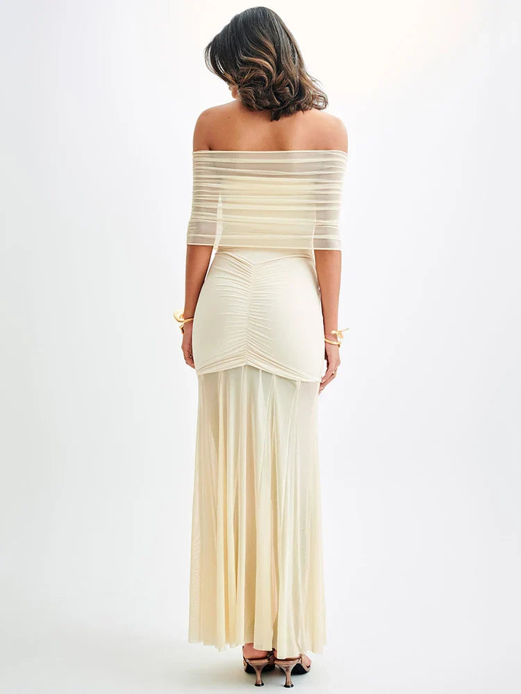 Mystique | Maxi Šaty s Off-Shoulder Mřížkou a Elegantním Střihem