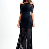 Mystique | Maxi Šaty s Off-Shoulder Mřížkou a Elegantním Střihem