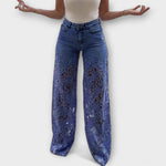 Moderní šité jeans s krajkovými patchworkovými díly